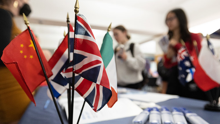 Miniature flags of international countries placed together on a table at the Education Abroad Fair on campus.