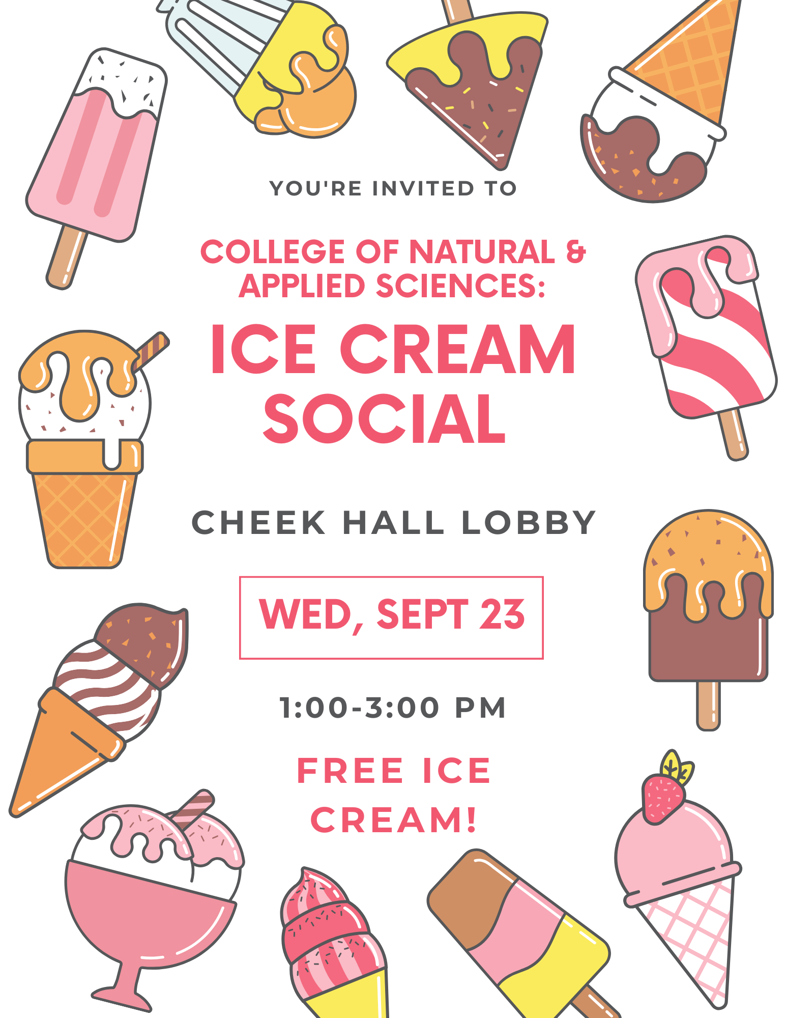 Ice Cream Social - Cheek Hall Lobby, Sept 23, 1-3PM