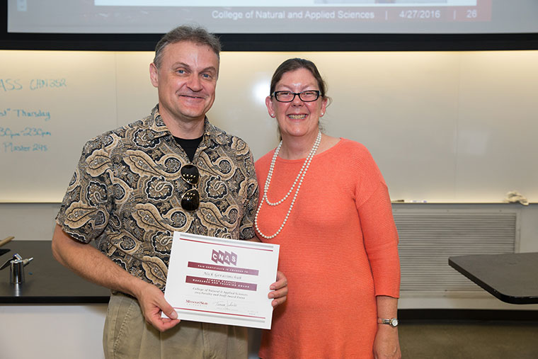 Dr Nick Gerasimchuk, Atwood Research and Teaching Award recipient with Dean Jahnke